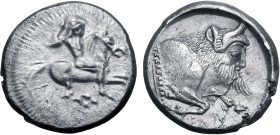 Sicily, Gela AR Didrachm. Circa 490/85-480/75 BC. Nude warrior, holding javelin, on horseback to right / Forepart of man-headed bull to right; CEΛAΣ b...