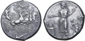 Sicily, Himera AR Tetradrachm. Circa 409-408 BC. Obverse die signed by Mai-. The nymph Himera driving galloping quadriga to right; above, Nike flying ...