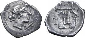 Sicily, Katane AR Tetras. Circa 415-412 BC. Laureate head of Apollo to right; laurel leaf to right before / Kithara; K-[A] across fields, three pellet...