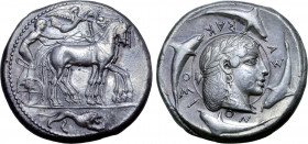 Sicily, Syracuse AR Tetradrachm. Deinomenid Tyranny. Time of Hieron I, circa 475-470 BC. Dies by the Demareteion Master. Charioteer wearing a long chi...