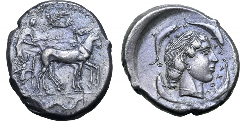 Sicily, Syracuse AR Tetradrachm. Second Democracy, circa 460-450 BC. Charioteer,...