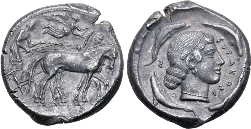 Sicily, Syracuse AR Tetradrachm. Second Democracy, circa 460-450 BC. Charioteer,...