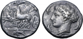 Sicily, Syracuse AR Tetradrachm. Time of Dionysios I, 405-400 BC. Unsigned dies in the style of Kimon and Euainetos. Charioteer, holding kentron in ri...