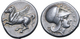 Sicily, Syracuse AR Stater. Time of Timoleon and the Third Democracy, circa 344-338 BC. Pegasos flying to left / Head of Athena to right, wearing Cori...