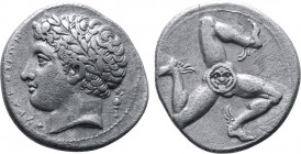 Sicily, Syracuse AR Drachm. Time of Agathokles, circa 317-311 BC. Laureate head of Apollo to left; ΣϒΡΑΚΟΣΙΩΝ to left, small trophy to right / Winged ...
