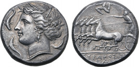 Sicily, Syracuse AR Tetradrachm. Time of Agathokles, circa 310-305 BC. Wreathed head of Arethusa to left, wearing triple-pendent earring and necklace;...