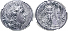 Sicily, Syracuse AR Tetradrachm. Time of Agathokles, circa 310-305 BC. Head of Kore to right, wearing wreath of grain ears and single-pendant earring;...