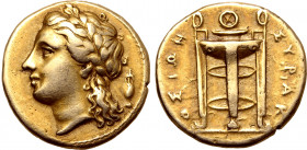 Sicily, Syracuse EL 25 Litrai. Time of Agathokles, circa 310-304 BC. Laureate head of Apollo to left; amphora behind / Ornate tripod-lebes; ΣYPAKOΣIΩN...