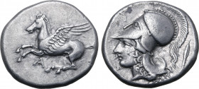 Epeiros, Ambrakia AR Stater. Circa 360-338 BC. Pegasos flying to left; A below / Head of Athena to left, wearing crested helmet; spear to right. Pegas...