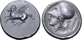 Akarnania, Anaktorion AR Stater. Circa 350-300 BC. Lysi-, magistrate. Pegasos flying to left; AN monogram below / Helmeted head of Athena to left; ΛΥΣ...