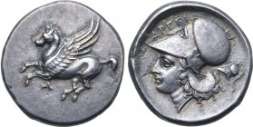 Akarnania, Argos Amphilochikon AR Stater. Circa 340-300 BC. Pegasos flying to left; A below / Helmeted head of Athena to left; crested Corinthian helm...