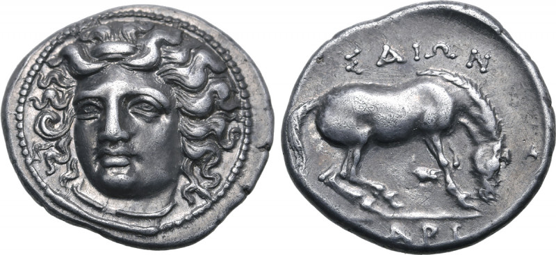 Thessaly, Larissa AR Drachm. Circa 365-356 BC. Head of the nymph Larissa facing ...