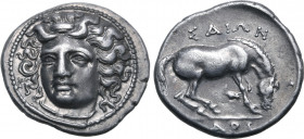 Thessaly, Larissa AR Drachm. Circa 365-356 BC. Head of the nymph Larissa facing slightly to left, with hair in ampyx / Horse standing to right, prepar...