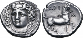 Thessaly, Larissa AR Stater. Circa 356-342 BC. Head of the nymph Larissa facing slightly to left, with hair in ampyx / ΛAPIΣ[AIΩN], bridled horse trot...