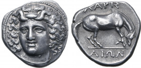 Thessaly, Larissa AR Drachm. Circa 356-342 BC. Head of the nymph Larissa facing slightly to left, with hair in ampyx / Horse standing to right, prepar...