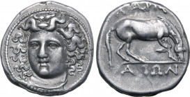 Thessaly, Larissa AR Drachm. Circa 356-342 BC. Head of the nymph Larissa facing slightly to left, with hair in ampyx / Horse standing to right, prepar...