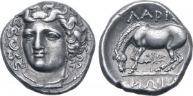 Thessaly, Larissa AR Drachm. Circa 356-342 BC. Head of the nymph Larissa facing slightly to left, with hair in ampyx / Horse standing to left, prepari...