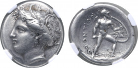 Lokris, Lokri Opuntii AR Stater. Circa 360-350 BC. Wreathed head of Demeter to left, wearing pearl necklace and triple-pendant earring / Ajax, nude bu...