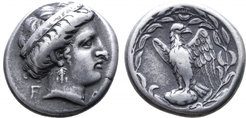 Elis, Olympia AR Stater. Hera mint, 111th Olympiad = 336 BC. Head of Hera to rig...