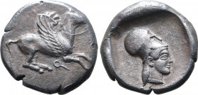 Corinthia, Corinth AR Stater. Circa 475 BC. Pegasos flying to right; Ϙ below / Head of Athena to right, wearing Corinthian helmet and pearl necklace; ...