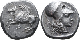 Corinthia, Corinth AR Stater. Circa 435 BC. Pegasos flying to left; Ϙ below / Head of Athena to right, wearing Corinthian helmet and pearl necklace, i...