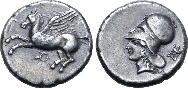 Corinthia, Corinth AR Stater. Circa 400-375 BC. Pegasos flying to left; E behind...