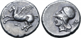 Corinthia, Corinth AR Stater. Circa 400-375 BC. Pegasos flying to left; E behind wing, Ϙ below / Helmeted head of Athena to left; tripod behind. BCD C...