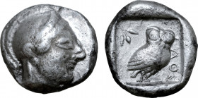 Attica, Athens AR Tetradrachm. Circa 510-500/490 BC. Archaic head of Athena to right, wearing crested Attic helmet decorated with chevron and dot patt...