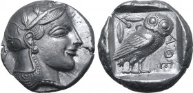 Attica, Athens AR Tetradrachm. Circa 470-465 BC. Head of Athena to right, wearing crested Attic helmet ornamented with three olive leaves above visor ...