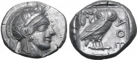Attica, Athens AR Tetradrachm. Circa 454-404 BC. Head of Athena to right, wearing crested Attic helmet ornamented with three olive leaves above visor ...