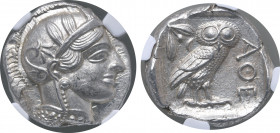 Attica, Athens AR Tetradrachm. Circa 454-404 BC. Head of Athena to right, wearing crested Attic helmet ornamented with three olive leaves above visor ...