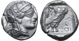 Attica, Athens AR Tetradrachm. Circa 454-404 BC. Head of Athena to right, wearing crested Attic helmet ornamented with three olive leaves above visor ...