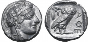 Attica, Athens AR Tetradrachm. Circa 454-404 BC. Head of Athena to right, wearing crested Attic helmet ornamented with three olive leaves above visor ...