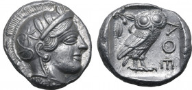 Attica, Athens AR Tetradrachm. Circa 454-404 BC. Head of Athena to right, wearing crested Attic helmet ornamented with three olive leaves above visor ...
