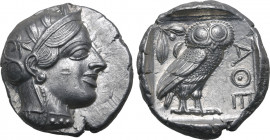 Attica, Athens AR Tetradrachm. Circa 454-404 BC. Head of Athena to right, wearing crested Attic helmet ornamented with three olive leaves above visor ...