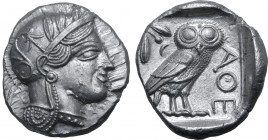Attica, Athens AR Tetradrachm. Circa 454-404 BC. Head of Athena to right, wearing crested Attic helmet ornamented with three olive leaves above visor ...