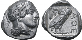 Attica, Athens AR Tetradrachm. Circa 454-404 BC. Head of Athena to right, wearing crested Attic helmet ornamented with three olive leaves above visor ...