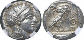 Attica, Athens AR Tetradrachm. Circa 454-404 BC. Head of Athena to right, wearing crested Attic helmet ornamented with three olive leaves above visor ...