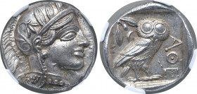Attica, Athens AR Tetradrachm. Circa 454-404 BC. Head of Athena to right, wearing crested Attic helmet ornamented with three olive leaves above visor ...