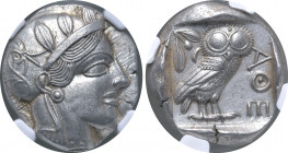Attica, Athens AR Tetradrachm. Circa 454-404 BC. Head of Athena to right, wearing crested Attic helmet ornamented with three olive leaves above visor ...