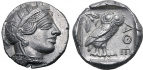 Attica, Athens AR Tetradrachm. Circa 454-404 BC. Head of Athena to right, wearing crested Attic helmet ornamented with three olive leaves above visor ...