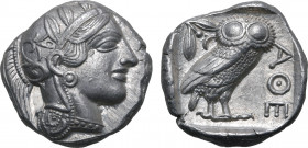 Attica, Athens AR Tetradrachm. Circa 454-404 BC. Head of Athena to right, wearing crested Attic helmet ornamented with three olive leaves above visor ...