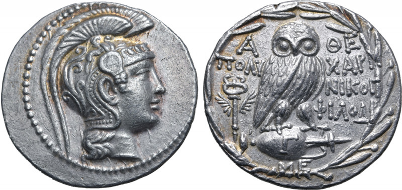 Attica, Athens AR New Style Tetradrachm. Circa 165/4 BC. Polycharm-, Nikog- and ...