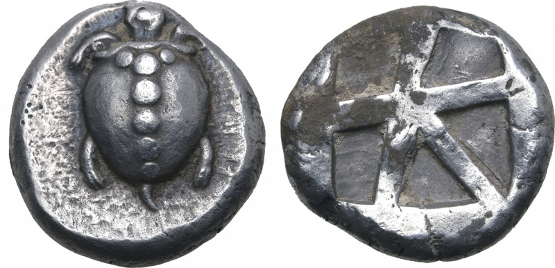 Islands off Attica, Aegina AR Stater. Circa 470-440 BC. Sea turtle, head in prof...