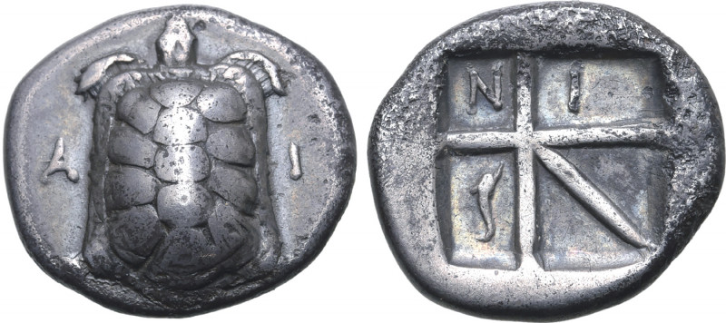 Islands off Attica, Aegina AR Drachm. Circa 350-338 BC. Ni-, magistrate. Sea tur...