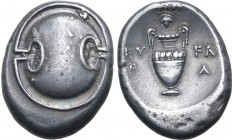 Boiotia, Thebes AR Stater. Circa 363-338 BC. Eu(w)ara-, magistrate. Boiotian shield / Amphora; club and grape bunch on vine above; EY-FA P-A in two li...
