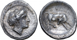 Crete, Gortyna AR Drachm. Circa 4th century BC. Head of Persephone to right, hair bound with barley wreath, wearing triple pendant earring and necklac...