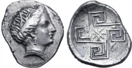 Crete, Knossos AR Stater. Circa 320-270 BC. Wreathed female (Demeter or Persephone) head to right / The Labyrinth of King Minos in maeander pattern; s...