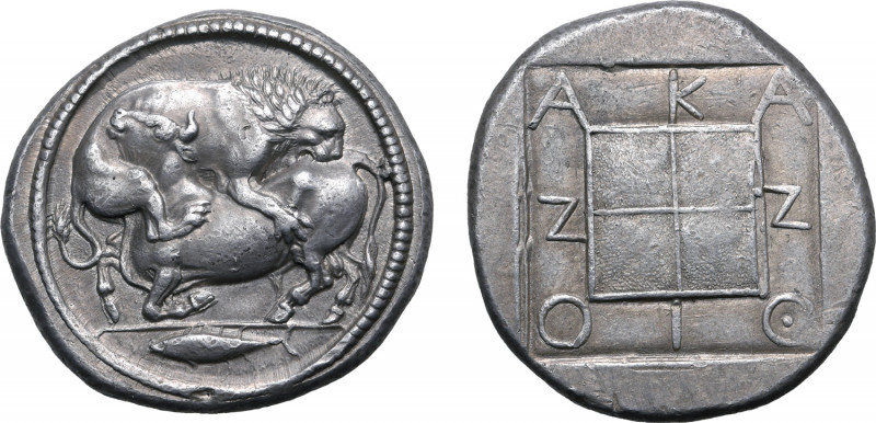 Macedon, Akanthos AR Tetradrachm. Circa 470-430 BC. Lion to right, leaping upon ...