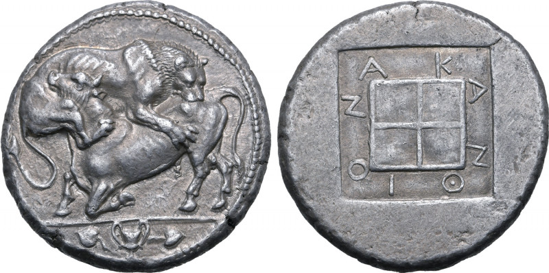 Macedon, Akanthos AR Tetradrachm. Circa 470-430 BC. Lion to right with head thre...